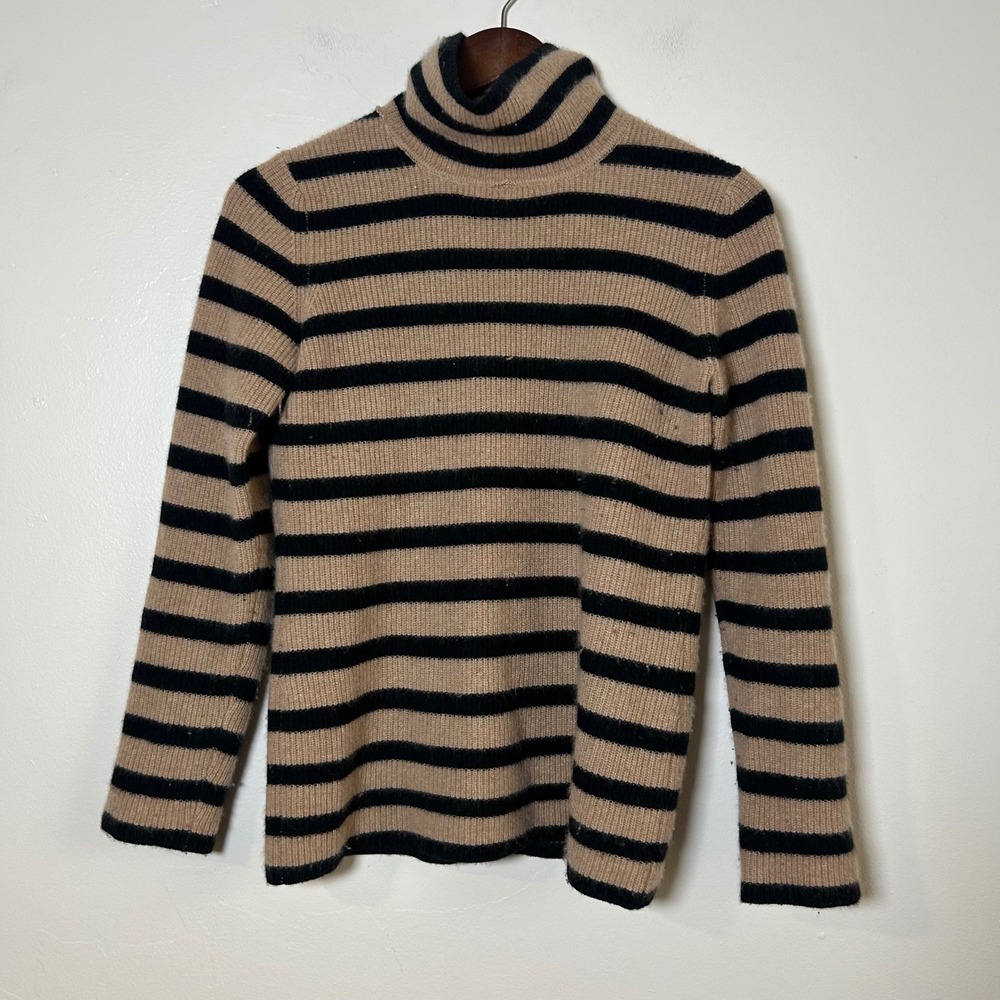 EUC Minnie Rose Sweater Turtleneck Size Small Tan Black Striped Cashmere